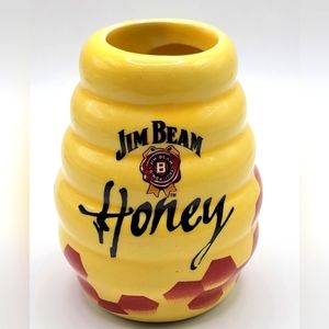 Jim  Beam Bourbon Honey Jar Shot Glass Yellow Ceramic Honeycomb 2.5” 